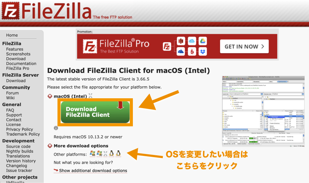 「Download FileZilla Client」（macOS Intel）をクリック