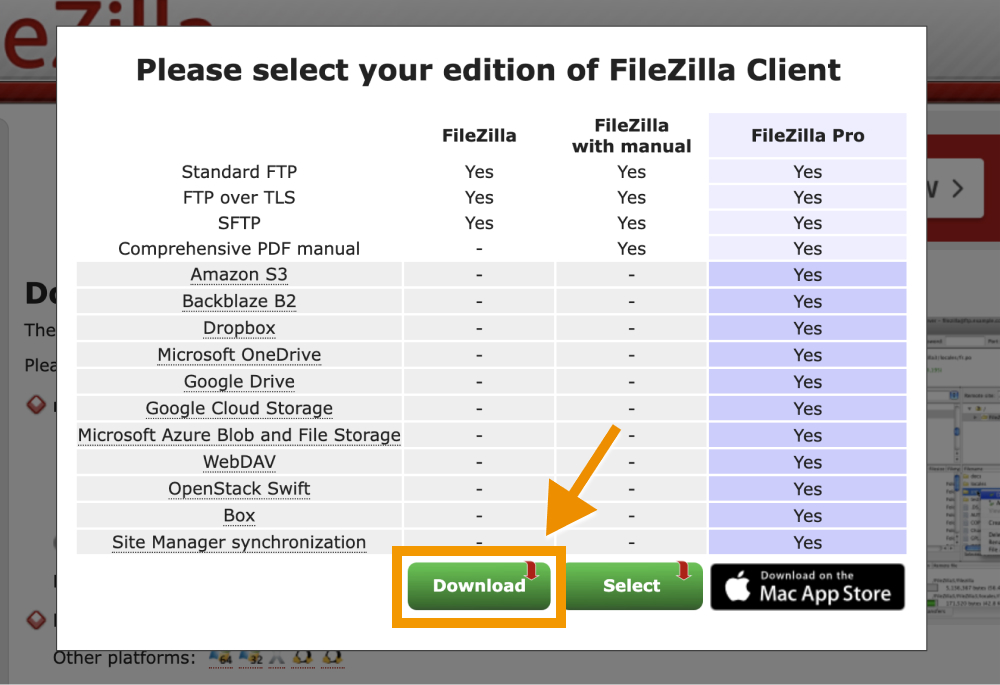 一番左側の無料版のFileZillaの「Download」ボタンをクリック