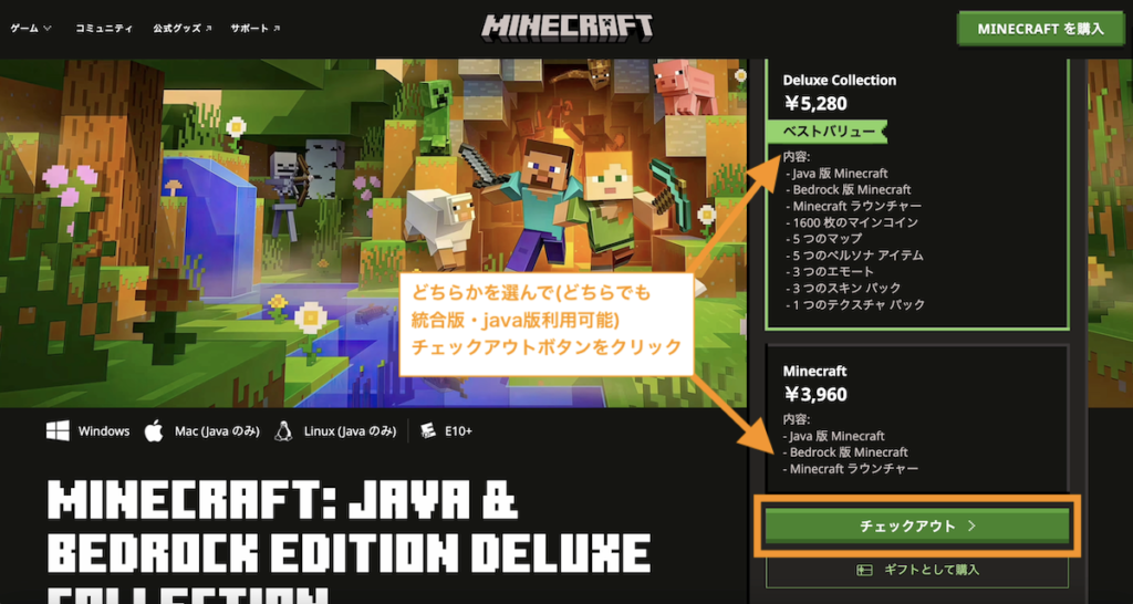 どちらかを選んで(どちらでも統合版・java版利用可能)チェックアウトボタンをクリック