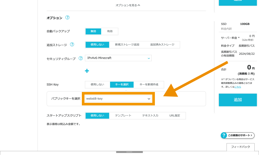 「SSH Key」と書かれた項目で、先ほど作成した公開鍵を選択