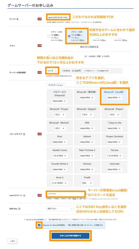 サーバー情報を選択してお申し込み内容の確認へ進む