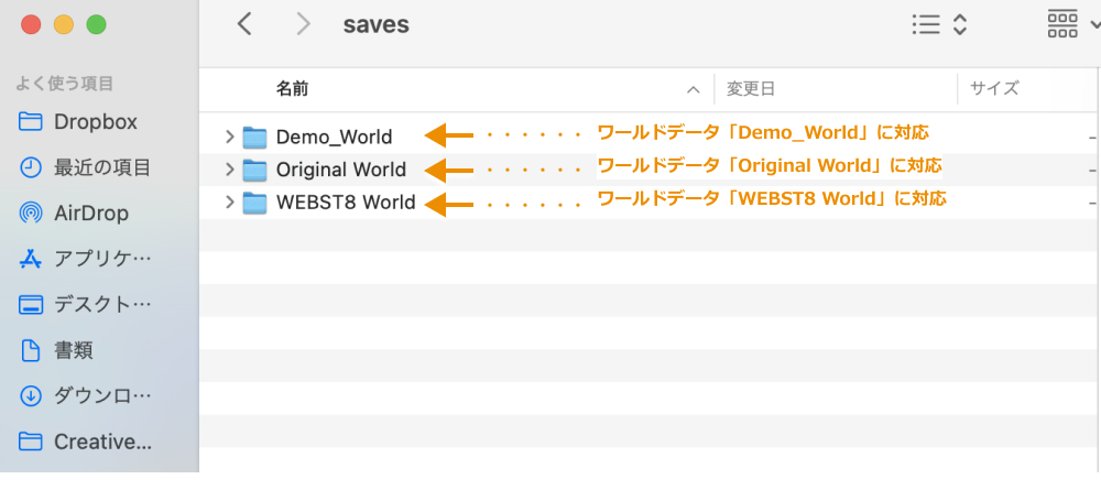Java版では、フォルダ名からどのワールドのデータが保管されているのか判断できる