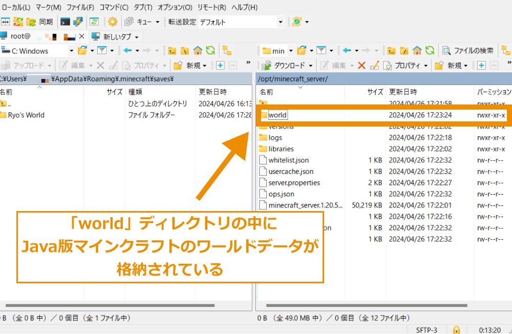 「world」ディレクトリの中にJava版マインクラフトのワールドデータが格納されている