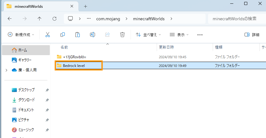ワールドデータ（Bedrock levelフォルダ）がコピーされた状態