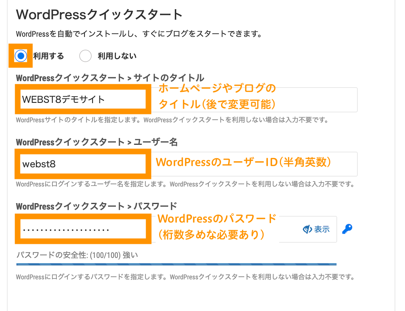 WordPressインストール情報を入力します