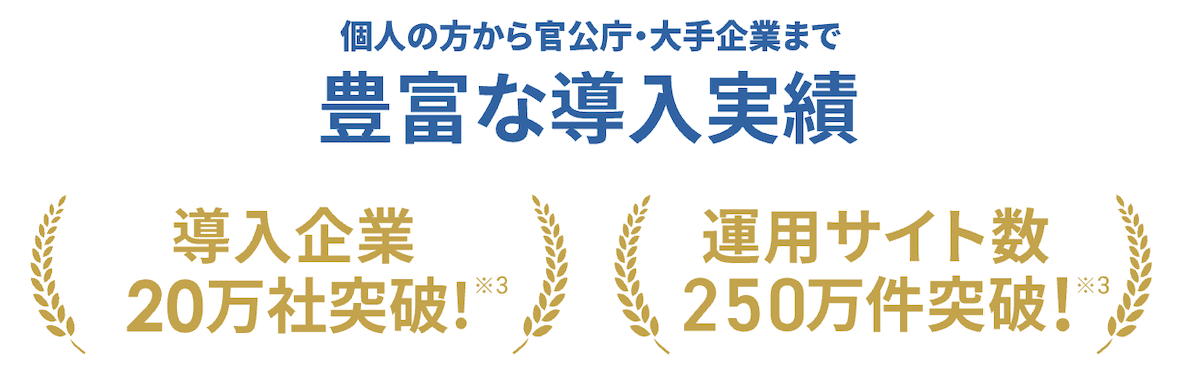 豊富な導入実績：導入企業20万社/運用サイト数250万突破