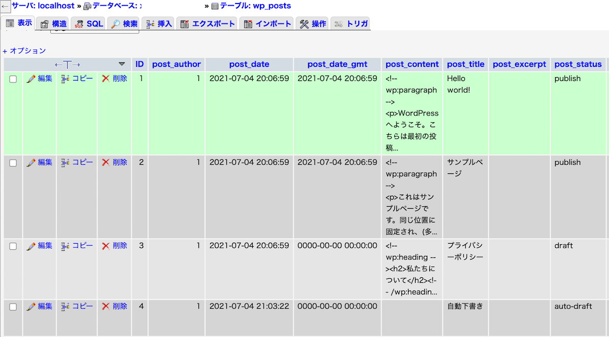 WordPress のデータベース wp_postsのサンプル