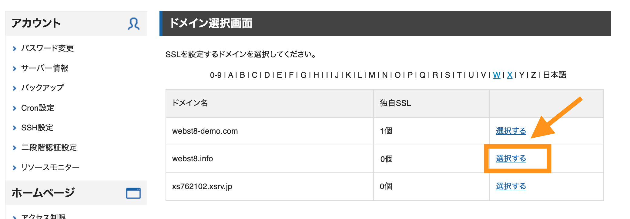 エックスサーバー サーバーパネル ドメイン選択