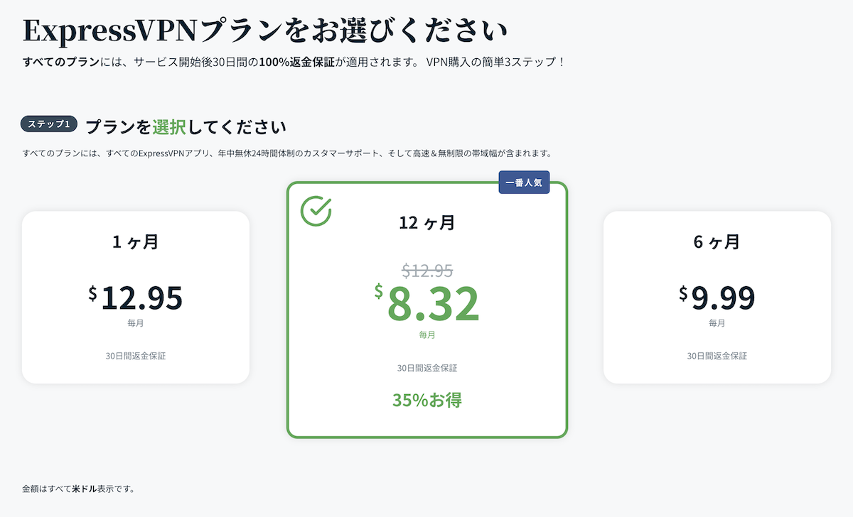 ExpressVPNのプラン