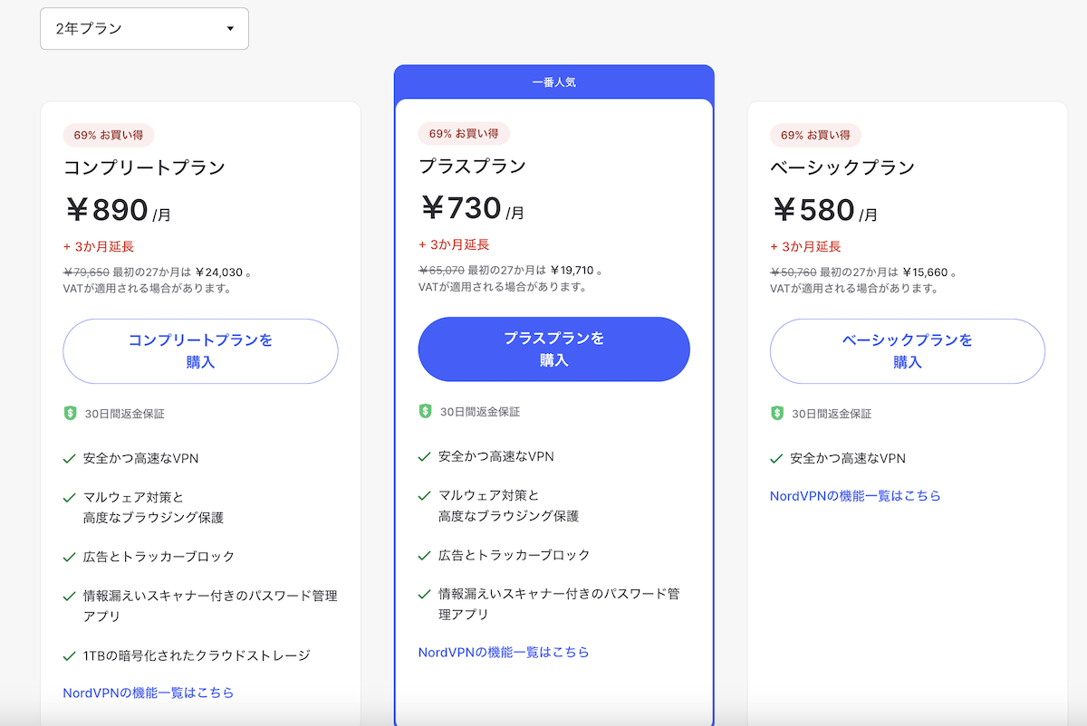 NordVPN各プランの価格