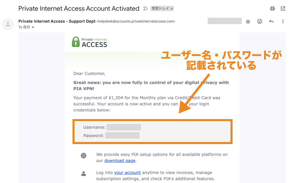 「Private Internet Access Account Activated」というタイトルのメール