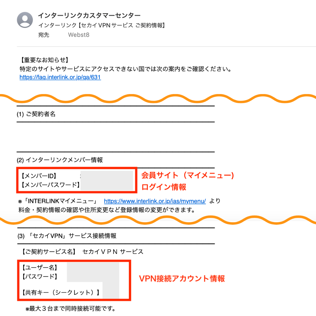 インターリンクカスタマーセンターからのメールにマイメニューへのログインアカウント情報や、VPN接続アカウント情報が記載されています。