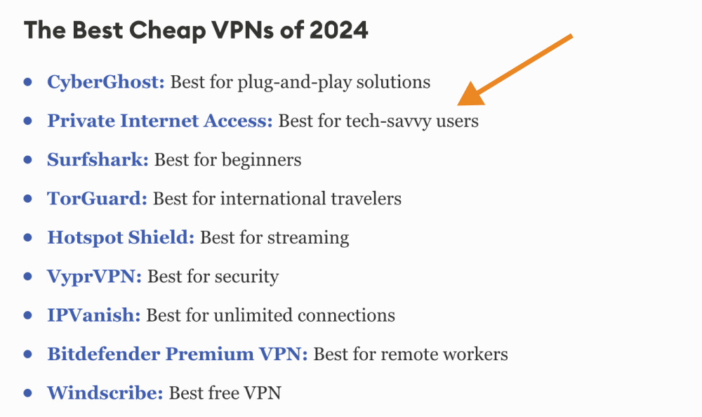 The Best Cheap VPNs of 2024 Forbes Advisorのランキングスクリーンショット（2024年8月撮影）