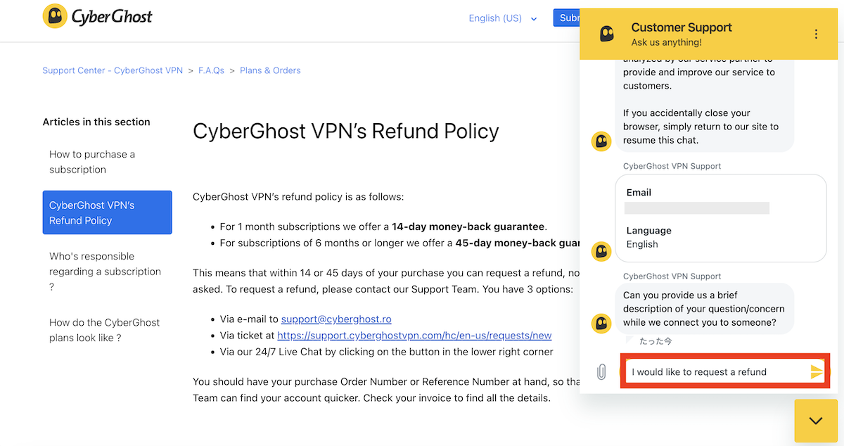 I would like to request a refundと入力して送信します。