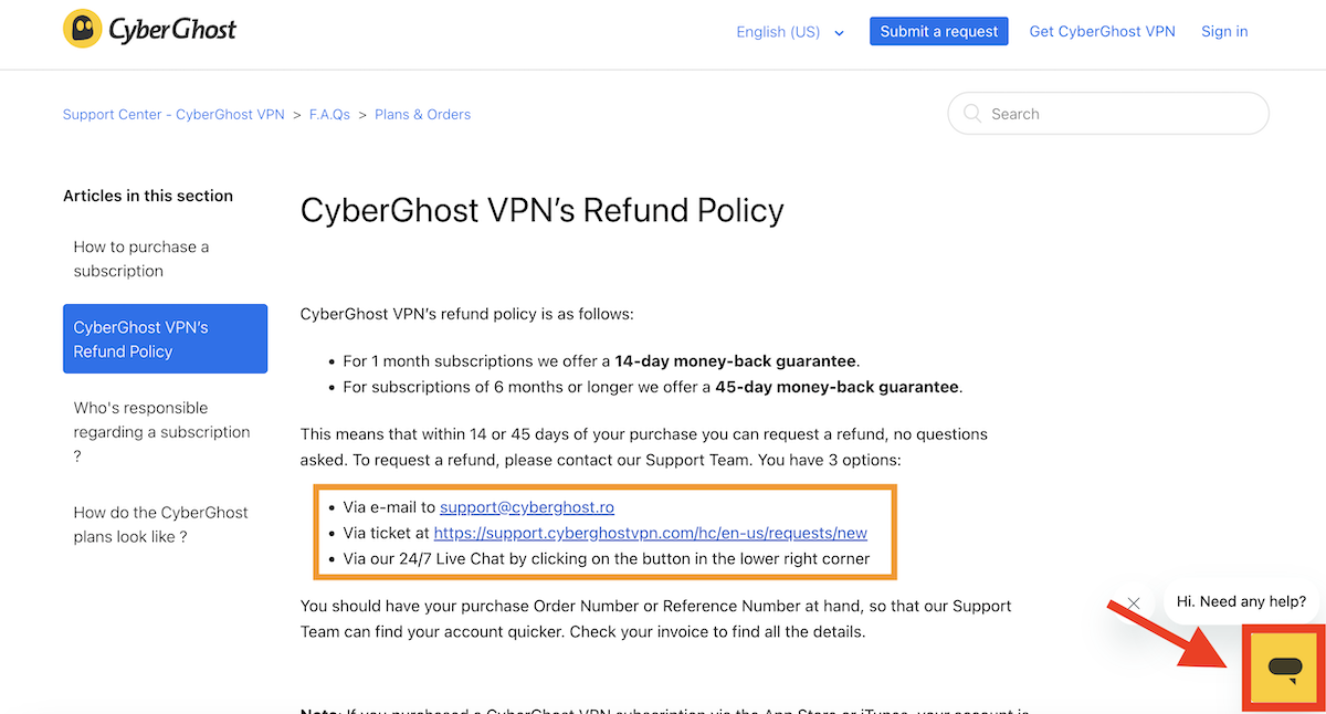 CyberGhostの返金ポリシーページ。メールやライブチャットで返金手続きができます。今回は右下にあるライブチャットから返金手続きを行います。